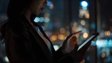 Leinwandbilder - Business woman tablet and typing in office for corporate communication internet research and networking Female person technology and working late night for project planning and company : Generative AI