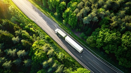 Fototapete - Aerial top view of car and truck driving on highway road in green forest Sustainable transport Drone view of hydrogen energy truck and electric vehicle driving on asphalt road through  : Generative AI