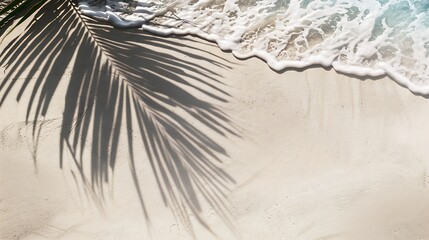Poster - empty abstract sand beach with palm leaf shadow and transparent water wave from above blank background banner for travel vacation and wellbeing with copy space : Generative AI