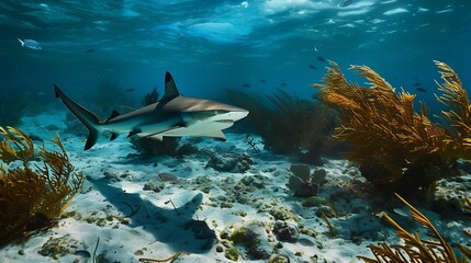 Poster - Reef shark swimming The Caribbean reef shark is a species of requiem shark belonging to the family Carcharhinidae It is found in the tropical waters of the western Atlantic Ocean from  : Generative AI