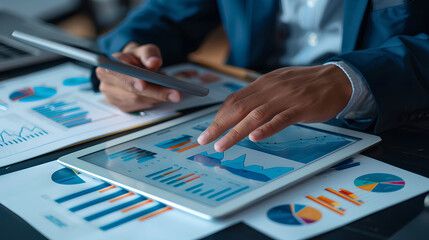 Poster - Businessman using tablet analyzing sales data and financial report, business growth graph chart. digital marketing planning and strategy, financial report, business, finance and investment concept