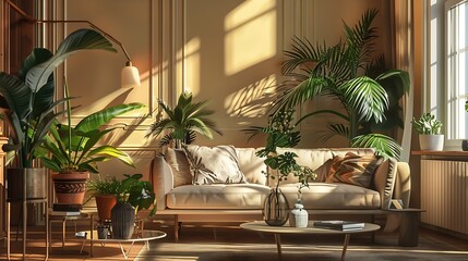 Fototapete - Beautiful interior of living room with comfortable sofa coffee table and houseplants : Generative AI