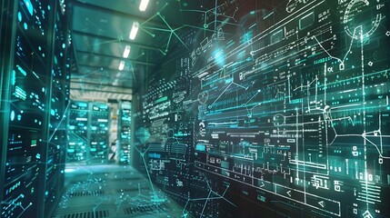 Aufkleber - Image of mathematical equations and data processing over server room Global technology computing and digital interface concept digitally generated image : Generative AI