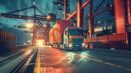 Poster - Container truck in ship port for business Logistics and transportation of Container Cargo ship and Cargo plane logistic import export and transport concept : Generative AI