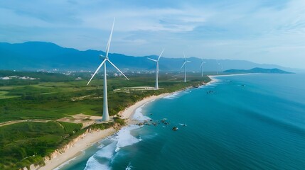 Poster - Landscape with Turbine Green Energy Electricity Windmill for electric power production Wind turbines generating electricity on ocean at Ba Dong Tra Vinh Vietnam Clean energy concept : Generative AI