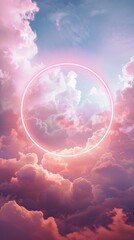 Aufkleber - Neon circle in pink and purple clouds, surreal dreamscape