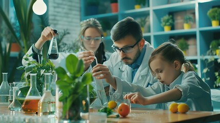 Aufkleber - Smart Boys and Talented Girls Experimenting with Growing Crops and Testing Different Nutrition Additives Young Teacher Helping Elementary School Pupils with Biology and Chemistry Class : Generative AI