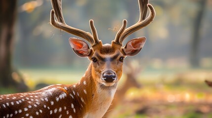 big antler male spotted deer or chital or axis deer or axis axis in wild natural green scenic background in winter outdoor wildlife safari at dhikala jim corbett national park forest u : Generative AI