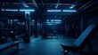 © The Little Hut - Dark gym interior with sports equipment empty room in the morning : Generative AI