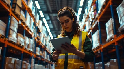 Poster - Female professional using tablet quality checking car parts worker in warehouse Supervisor importexport shipping transportation logistic business factory concept : Generative AI