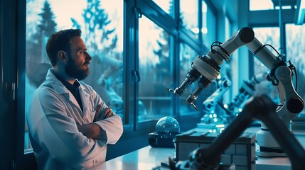 Poster - Thoughtful scientist standing near robotic arms in front of window at laboratory : Generative AI