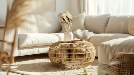 Aufkleber - Interior of light living room with sofas rattan table and soft carpet : Generative AI