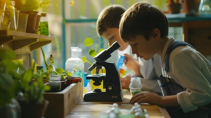 Aufkleber - Learning students and children in classroom for microscope teacher and science for experiment of plants Container sample and observation of nature growth and development of kids with e : Generative AI
