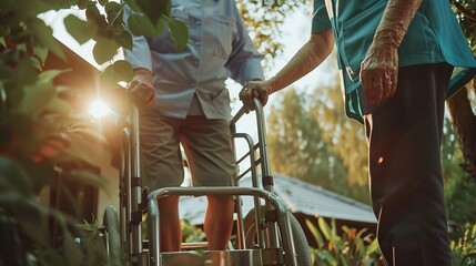 Poster - Senior man walker and support with nurse for physiotherapy healthcare or trust at old age home Woman medical caregiver or volunteer helping or talking to person with a disability in re : Generative AI