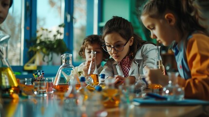Aufkleber - Education learning or science with teacher and students at table in laboratory for experiment or reaction Classroom school or study with woman scientist and children at academy for dev : Generative AI