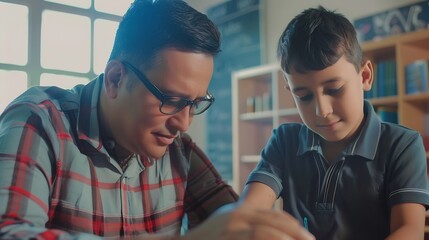 Aufkleber - Teacher helping latin boy with assignment in elementary school classroom support scholarship and educator aid explaining or helping male learner in class : Generative AI