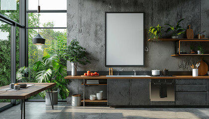 Canvas Print - Sleek kitchen spacious island with empty frame