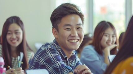 Aufkleber - university classroom diverse group of young students Asian collaborate study together sharing smiles and insights around desks exemplifying the joy of learning and friendship in higher : Generative AI