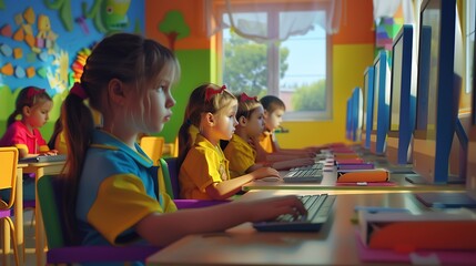 Aufkleber - Elementary School Children Learning Basic Computer Knowledge Teacher Educating Smart Diverse Kids in a Modern Colorful Classroom Schoolchildren Getting Experience with Technology : Generative AI