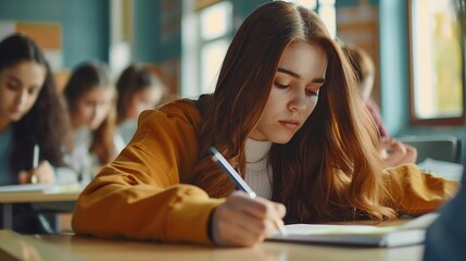 Aufkleber - Woman students and writing with test in classroom for exam study or assignment at university Female person or group busy on project or essay with notebook for higher education lesson o : Generative AI