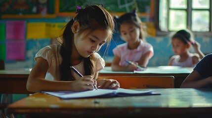 Aufkleber - Teacher helping girl in classroom for knowledge helping schoolgirl and teach her to draw Education concept : Generative AI