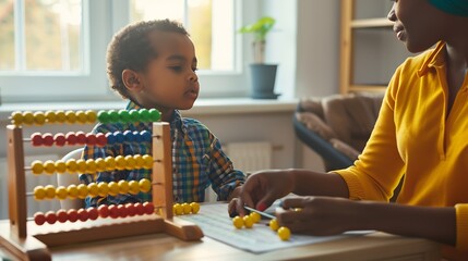 Poster - Black female teacher and little boy sitting at desk doing math using abacus early education concept : Generative AI
