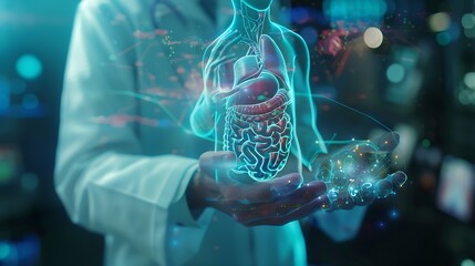 Poster - Medical worker holding hologram of a human body with human organs in concept of health Medical future technology and innovative conceptElevate healthcare with AI technology services : Generative AI