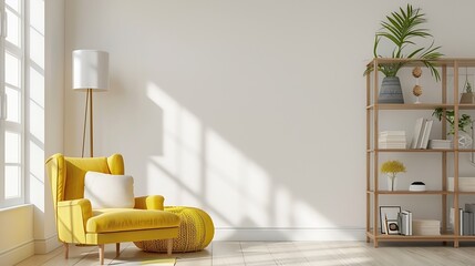 Fototapete - Interior of stylish living room with yellow armchair pouf and shelf unit : Generative AI