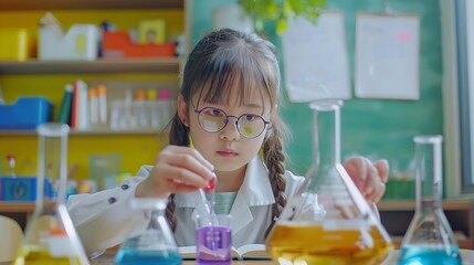 Aufkleber - Girl classroom and science beaker for learning education and test with smart or intelligent child Student in school with chemistry knowledge and pour liquid for experiment and chemical : Generative AI