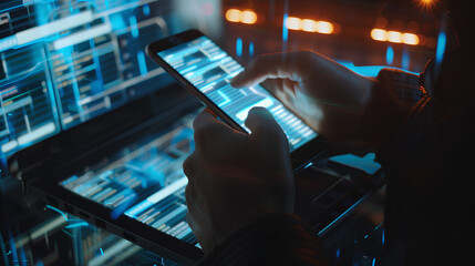 Poster - Cyber security, data protection concept. User using mobile phone and laptop computer with privacy security and data encryption system, secure internet access. Cybersecurity software technology