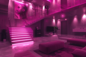 Poster - Luxurious interior with pink neon lighting showcasing modern architectural design and vibrant nightlife ambiance