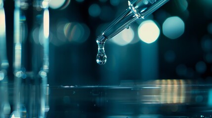 Poster - Dripping liquid from pipette into test tube on blurred background closeup : Generative AI