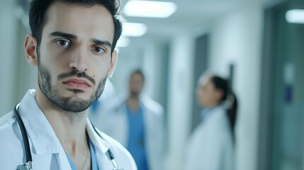 Poster - Male Doctor hospital and portrait with team for medical service healthcare and insurance for medicine Expert nurse clinic and confident for wellness health worker or specialist surgeon : Generative AI