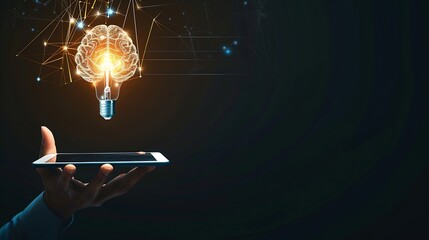 Leinwandbilder - Hand holding tablet with bulb for Artificial Intelligence or AI brain analysis informationTechnology and science conceptmachine learning systemHitech and futuristic world : Generative AI
