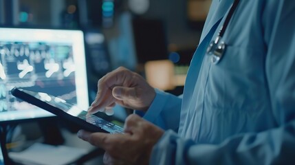 Poster - Hospital telehealth and man doctor with tablet for patient diagnosis review charts or consultation Online wellness and physician with tech for healthcare medical analysis or schedule s : Generative AI