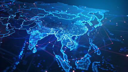 Poster - digital map of asia, concept of global network and connectivity, data transfer and cyber technology,