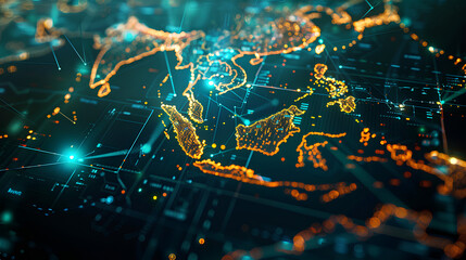 Poster - digital map of asia, concept of global network and connectivity, data transfer and cyber technology,