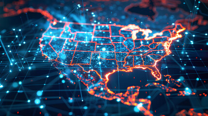 Canvas Print - digital map of usa, concept of american global network and connectivity, data transfer and cyber tec