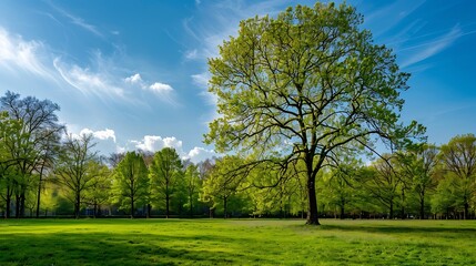 Park and outdoor concept Spring landscape big tree on green grass meadow New young green leaves on twig in in the park under blue sky Nature greenery background Amstelpark Amsterdam Ne : Generative AI