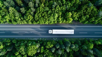 Fototapete - Aerial top view of car and truck driving on highway road in green forest Sustainable transport Drone view of hydrogen energy truck and electric vehicle driving on asphalt road through  : Generative AI