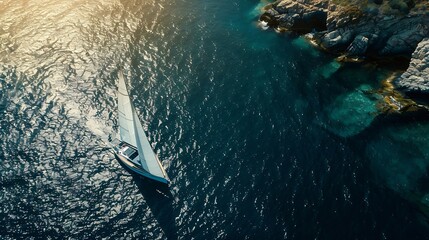 Wall Mural - Sailing yacht race at sun light aerial Yachting on serene seascape at open sea Boat with big white spinnaker sail at ocean bay Lonely ship cruise at water on summer sunny day Cinematic : Generative AI