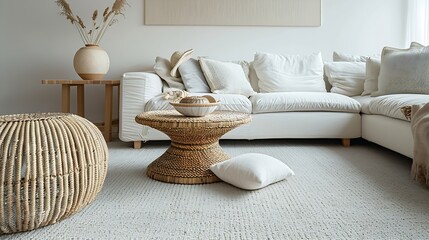 Aufkleber - Interior of light living room with sofas rattan table and soft carpet : Generative AI