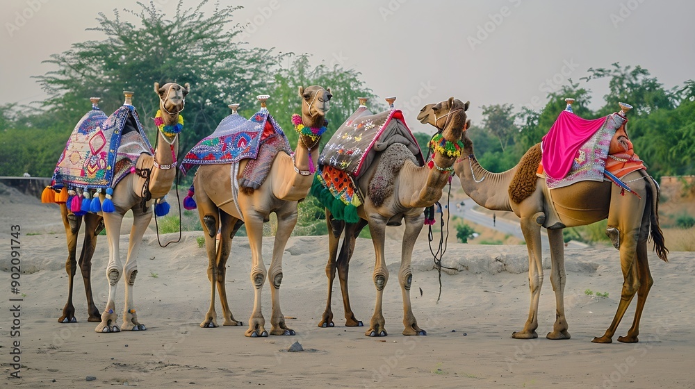 Camels with traditional dresses waiting beside road for tourists for ...