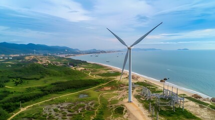 Poster - Landscape with Turbine Green Energy Electricity Windmill for electric power production Wind turbines generating electricity on ocean at Ba Dong Tra Vinh Vietnam Clean energy concept : Generative AI