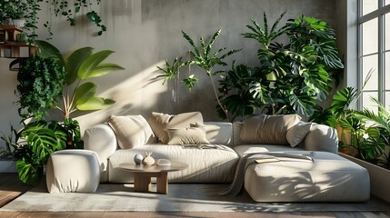 Fototapete - Beautiful interior of living room with comfortable sofa coffee table and houseplants : Generative AI