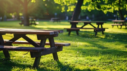 Aufkleber - Park Picnic table bench rest relax outdoors Benches and tables on green grass in recreational area : Generative AI