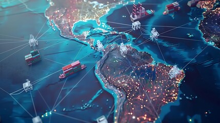 Poster - World map with logistic network distribution on background Logistic and transport concept in front Container Cargo freight ship for Concept of fast or instant shipping Online goods ord : Generative AI