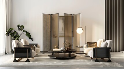 Aufkleber - Interior of stylish living room with folding screen chest of drawers armchairs and carpet : Generative AI