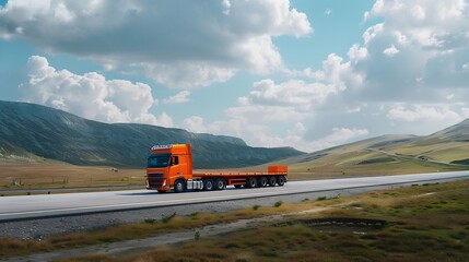 Industrial carrier orange big rig semi truck tractor with extended cab for truck driver rest transporting two empty flat bed semi trailers running on the highway road along the meadow  : Generative AI