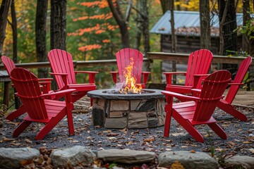 A red fire pit surrounded by red chairs. The fire is burning and the chairs are arranged around it. The scene is cozy and inviting, perfect for a relaxing evening outdoors